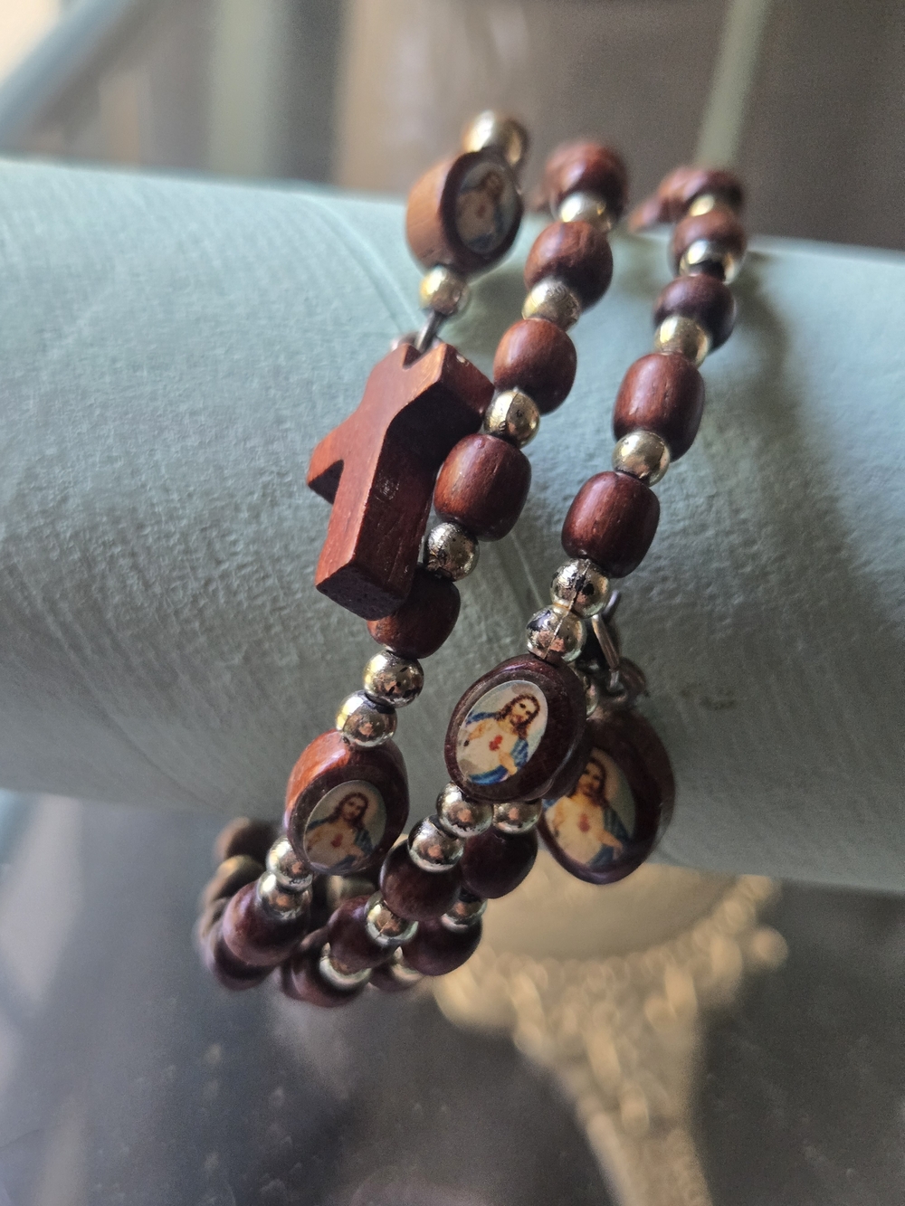 Religious Brown Wood Bead Stretch Bracelet with Silver Accents - Picture 3 of 3